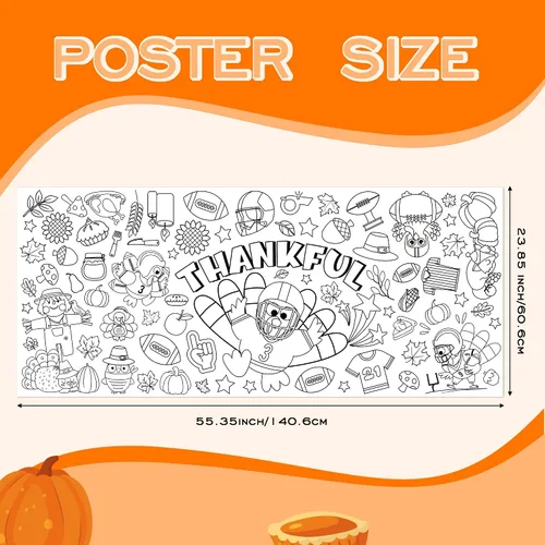 Miniatura 2 de BZaber Póster gigante para colorear de otoño de Acción de Gracias, 55 x 24 pulgadas, pancarta de dibujo de papel de pavo de fútbol, calabaza, hoja