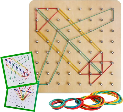 Miniatura 8 de Tablero geométrico de madera para niños - Juguete educativo Montessori STEM con tarjetas de patrones y bandas de goma, rompecabezas de formas