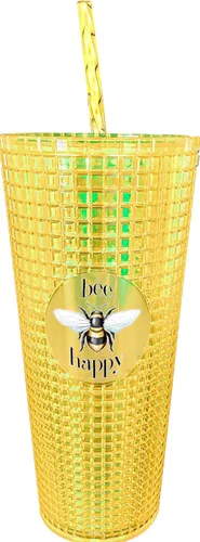 Spoontiques - Vaso de diamante - Taza texturizada con popote - Aislamiento de doble pared y libre de BPA - 20 oz - Taza de diamante de abeja