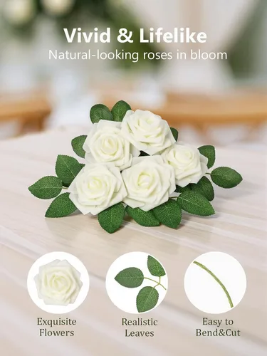 Miniatura 90 de N&T NIETING Flores artificiales, rosas artificiales de color rosa intenso, 50 piezas de flores falsas con tallo para ramos de boda DIY, centros