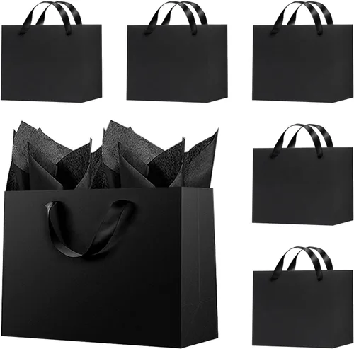Miniatura 18 de Offizon 12 bolsas de regalo negras, bolsas de regalo con papel de seda