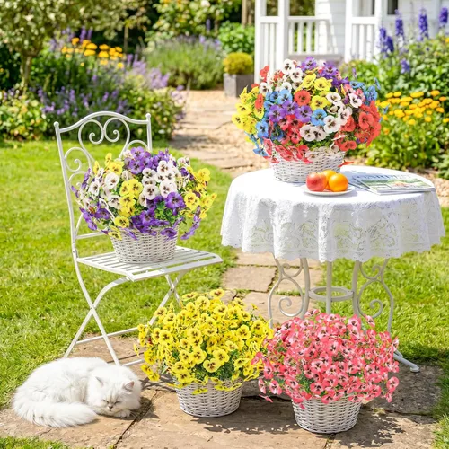 Miniatura 9 de MACTING 12 paquetes de flores artificiales para exteriores, resistentes a los rayos UV, pensamientos falsos, plantas al aire libre, flores