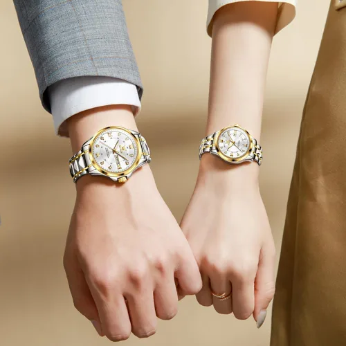 Miniatura 19 de OLEVS Reloj para parejas para él y ella, reloj analógico de cuarzo para hombres y mujeres, de acero inoxidable, impermeable, luminoso, fecha, reloj
