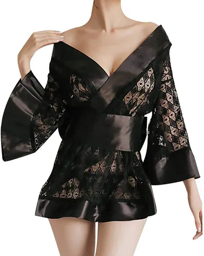 Miniatura 2 de Kimono japonés para mujer, mini vestido de gasa negra con estampado floral OBI sexy, conjunto de lencería para juegos de rol, Morado, L