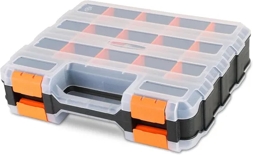 Organizador de piezas pequeñas | Caja de almacenamiento para herramientas, 34 compartimentos, caja organizadora de doble cara con divisores