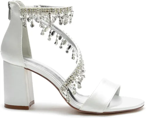 Miniatura 4 de Hyinlays Sandalias de tacón alto de cristal grueso para mujer, con correa de tobillo, zapatos de boda, baile de graduación, zapatos de noche