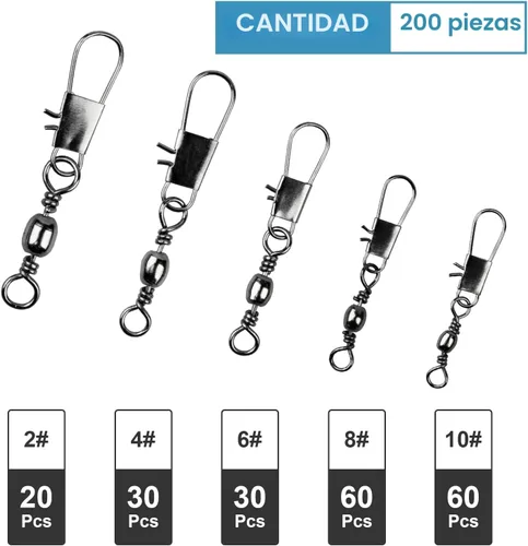 Miniatura 2 de ReeMoo 200 Uds Pesca Rodamiento de bolas giratorias con conector de seguridad Snap Accesorios de pesca #2#4#6#8#10