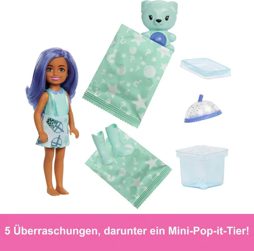 Miniatura 7 de Barbie Chelsea Pop Reveal Bubble Tea Series Set con paquete temático y 5 sorpresas, incluyendo muñeca pequeña perfumada y mascota Pop-It