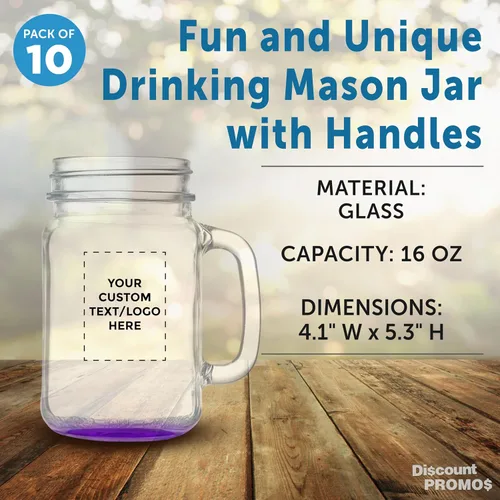Miniatura 4 de DISCOUNT PROMOS Tarros Mason personalizados con asas de 16 onzas, juego de 10, paquete personalizado a granel, estilo tradicional, alto estándar