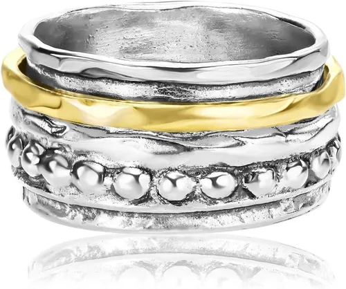 Miniatura 3 de 925 Sterling Silver14K Gold Plated Silver Spinner Ring Unisex, Bold Hammered BeadedFreshwater Pearl Floral Etched and Hammered, Oxidized