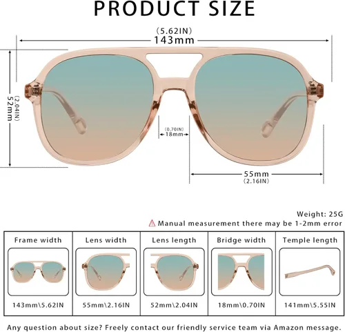 Miniatura 5 de YDAOWKN Retro Square Aviator Sunglasses for Womens Mens Vintage 70s Double Bridge Sun Glasses