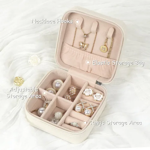 Miniatura 2 de MFXIP Joyero de viaje pequeño para joyería, organizador de joyas, estuche de almacenamiento portátil de piel sintética, mini estuche de viaje