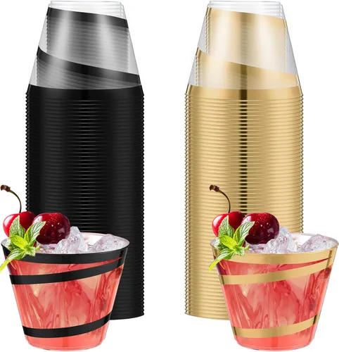 Miniatura 25 de Gejoy Tazas de plástico con borde en espiral de 9 onzas desechables, tazas de vino de plástico elegantes y transparentes, elegantes jarras de Oro