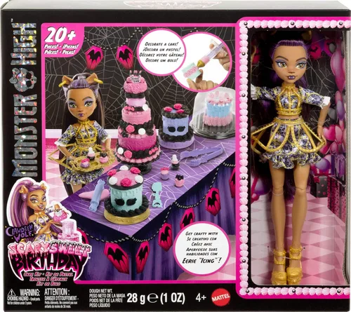 Miniatura 6 de Monster High Kit de pastel de cumpleaños aterrador y dulce con muñeca Clawdeen Wolf, juego de decoración de pastel con 20+ accesorios como glaseado
