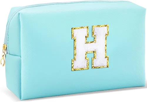 Miniatura 8 de URSKYTOUS Regalos para niñas, bolsa de maquillaje con inicial, bolsa de cosméticos personalizada con cremallera, bonita bolsa de aseo de viaje, Azul