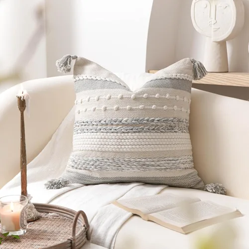 Miniatura 6 de BlissBlush Funda de almohada decorativa bohemia gris de 22 x 22 pulgadas, cojín cuadrado de estilo rústico para sofá, sala de estar y dormitorio