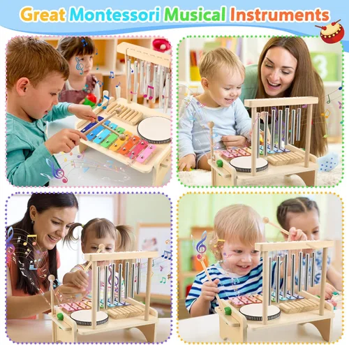 Miniatura 6 de Juego de batería para niños, instrumento musical para bebés, xilófono de madera para niños pequeños con juego de batería para bebé y campanilla