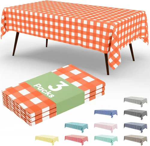 Miniatura 81 de Smiry Paquete de 3 Manteles Desechables de Cuadros Gingham Color Caqui - 54" x 72" Mantel de Plástico de Servicio Pesado, Cubiertas de Mesa