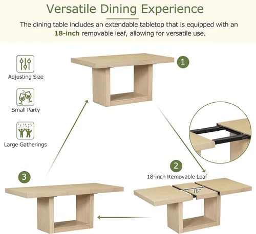 Miniatura 4 de Merax Farmhouse - Juego de mesa de comedor de madera para 6, 76 pulgadas, juego de mesa de cocina extensible con hojas extraíbles de 18 pulgadas, 4