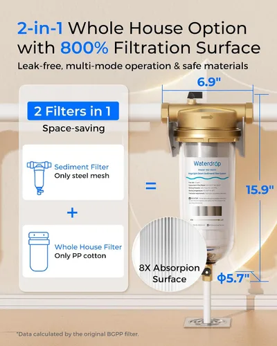 Miniatura 2 de Waterdrop Filtro de sedimentos Mega Spin Down, sistema de filtro de agua reutilizable para toda la casa con mayor capacidad, 2 en 1 doble filtración