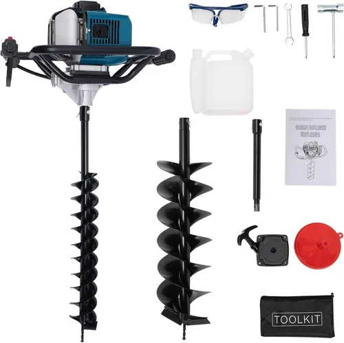 Taladro de tierra de 52 cc de 2 tiempos para perforaciones de poste a gas + brocas de 4 pulgadas, 8 pulgadas y barra de extensión, excavadora de