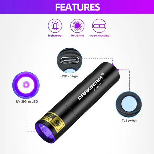 Miniatura 3 de DARKBEAM Linterna UV Luz Negra 395 NM, Mini pero Potente USB-C LED Recargable Lámpara de Madera, Linternas Ultravioleta para Orina de Mascotas