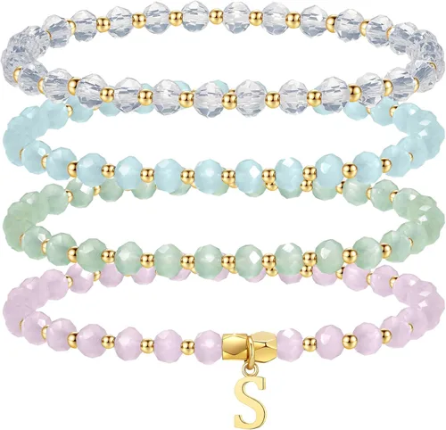 Miniatura 18 de IEFWELL Pulseras con iniciales para niñas y niños – Juego de 4 pulseras de cristal rosa/azul/blanco/verde, pulsera elástica para niños, joyería
