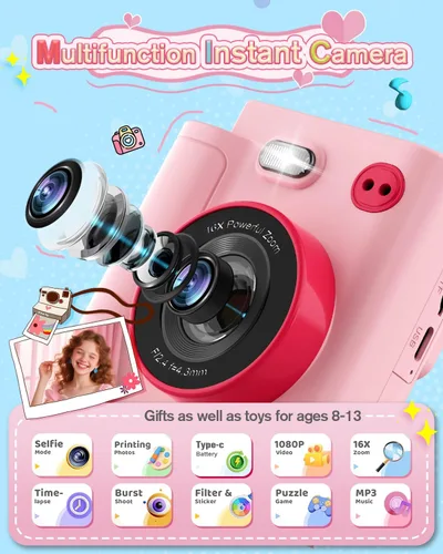 Miniatura 2 de Juguetes de cámara para niños de 3, 4, 5, 6, 7, 8, 9, 10 años, regalo de cumpleaños de Navidad con cámara digital HD 1080P, tarjeta SD de 32 GB, Rosa