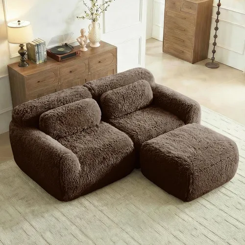 Miniatura 14 de Sofás de nube sin hueso de 80.4 pulgadas, tela de felpa suave y esponjosa, sofá cama modular con 2 otomanas, sofás de dos plazas de chocolate,