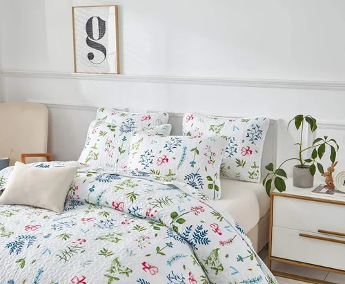Miniatura 5 de UOZZI BEDDING - Juego de edredón reversible de 3 piezas tamaño Queen, con hojas verde azuladas y flores rojas en blanco, microfibra suave y ligera