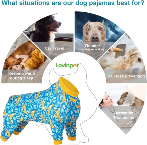 Miniatura 4 de LovinPet Onsies for Dogs Large - Camisa para aliviar la ansiedad de mascotas, protección solar, pijama para perros, tela cómoda, estampado