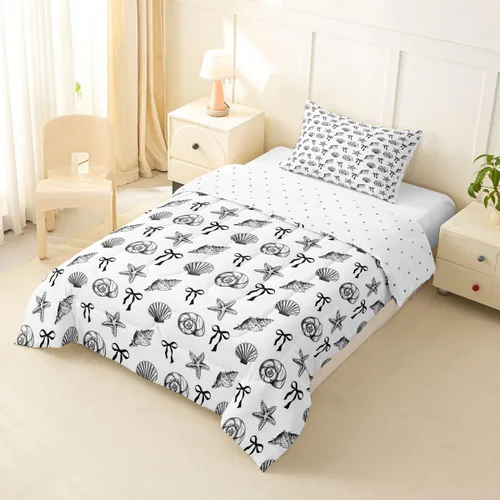 Miniatura 4 de Manfei Juego de ropa de cama de tamaño individual con 1 funda de almohada, diseño de concha y estrella de mar y lazo, juego de ropa de cama