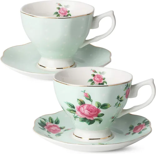 Miniatura 11 de BTaT- Juego de 2 tazas de té y platillos florales, 8 onzas, juego de tazas de té de porcelana fina con ribete dorado para té de la tarde, bodas, Azul