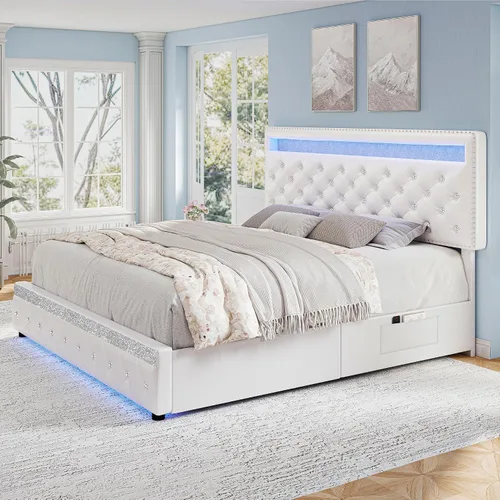 Miniatura 7 de Torana Marco de Cama LED Queen con 2 Cajones, Camas de Plataforma Tapizadas en Terciopelo con Cabecera de Almacenamiento Ajustable, Marco de Cama