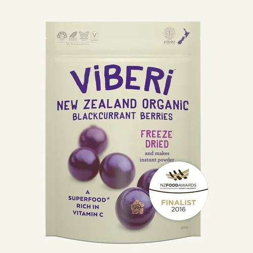 ViBERi Grosellas negras orgánicas liofilizadas 4.23 oz | Bayas superfrutas 100% cultivadas en NZ, vitamina C natural y antocianinas, veganas • Sin