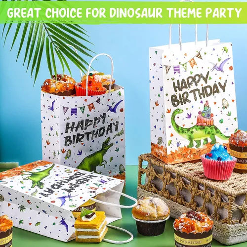 Miniatura 4 de Containlol 16 bolsas de papel para fiesta de cumpleaños de dinosaurio, bolsas de regalo de cumpleaños con asa para niños y niñas, temática