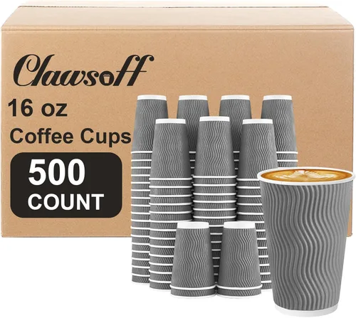 Miniatura 13 de Clawsoff Paquete de 90 tazas de café desechables de 16 onzas sin tapas, tazas de café de papel ondulado aislado gris de 16 onzas, tazas de papel