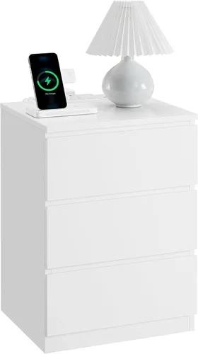 VASAGLE Mesita de noche con estación de carga, 2 salidas de CA y 2 puertos USB, mesita de noche, mesa auxiliar con 3 cajones, estilo moderno, 13.8 x