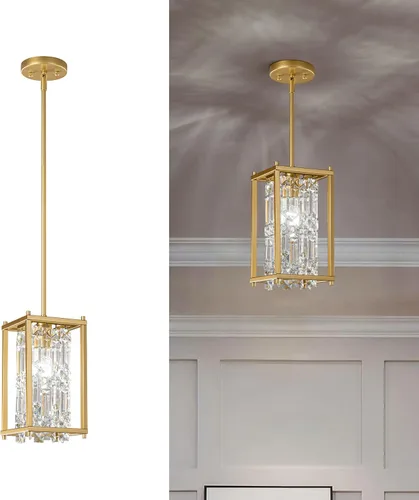 Miniatura 24 de LMQNINE Candelabro Moderno para Vestíbulo, Candelabro de Cristal Dorado Lámpara Colgante de Entrada, Candelabros Redondos de Altura Ajustable