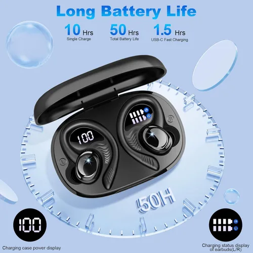 Miniatura 6 de Hupoaf Auriculares Inalámbricos Deportivos, Nuevos Auriculares Bluetooth 5.4 con Ganchos para los Oídos, Auriculares Estéreo de Graves Profundos