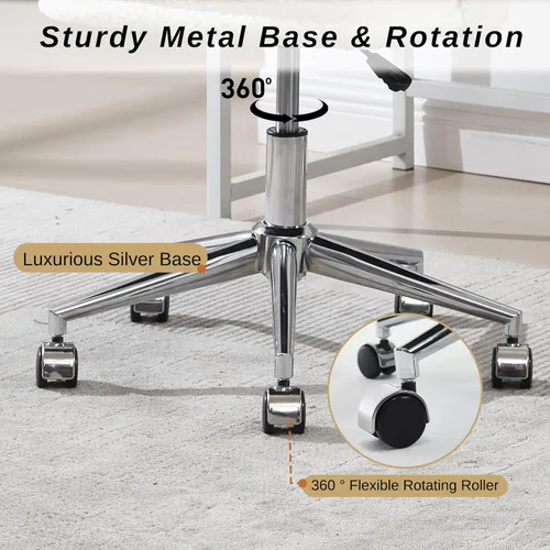 Miniatura 6 de Silla de escritorio de piel sintética, cómoda silla de maquillaje de felpa, moderna silla giratoria tapizada esponjosa con ruedas, base de metal