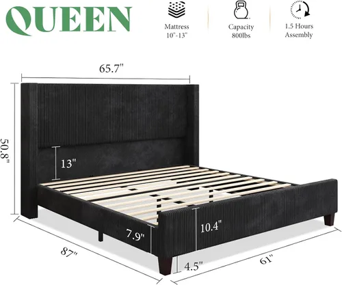 Miniatura 2 de AMERLIFE Base de cama tapizada tamaño Queen con cabecera de 50.8 pulgadas de alto, cama de plataforma con respaldo de alas con patas de madera