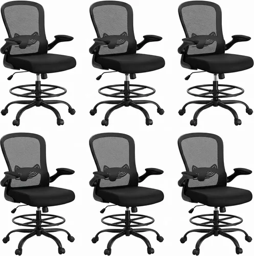 Miniatura 10 de ErGear Silla de dibujo, silla de escritorio de pie con reposabrazos abatibles, silla de escritorio alta altura ajustable, silla de oficina alta Negro