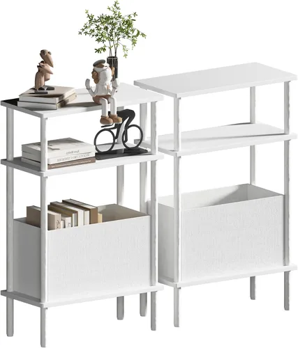 Miniatura 11 de Mesa auxiliar estrecha con cesta de tela, mesa auxiliar para espacios pequeños, mesita de noche delgada con estante de almacenamiento de 3 niveles