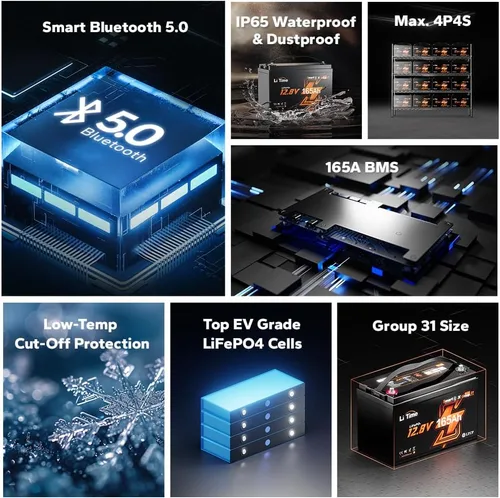 Miniatura 2 de Litime Batería de litio LiFePO4 de 12 V y 165 Ah Bluetooth, batería de ciclo profundo para motores de arrastre, tamaño grupo 31 con densidad