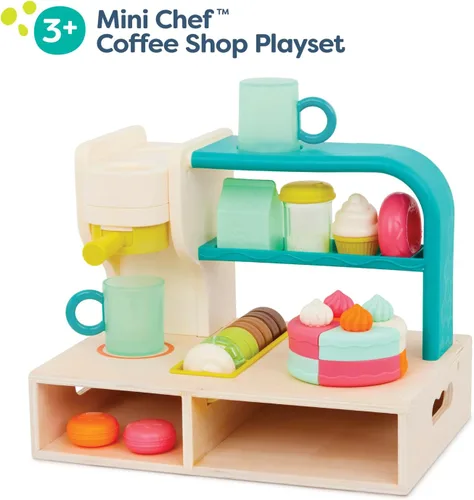 Miniatura 2 de B. toys Mini Chef Coffee Shop Playset, simulación de barista y juego de hornear con máquina, tazas, panadería y deliciosos postres para el papel