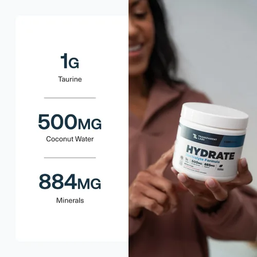 Miniatura 6 de Transparent Labs Hydrate - Polvo de electrolitos naturalmente endulzados, electrolitos en polvo de hidratación con agua de coco, calcio, taurina