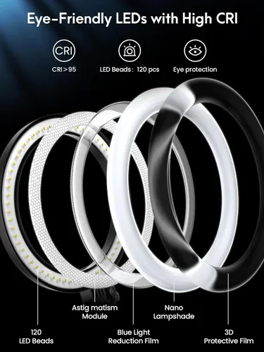 Miniatura 7 de Luz de anillo para selfie con soporte y soporte para teléfono, soporte de teléfono aéreo con luces de anillo de 10.5", luz circular de escritorio