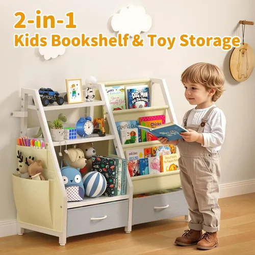 Miniatura 4 de Estantería para niños y organizador de juguetes Twinkoo, estante resistente de 3 niveles, estantería con bandeja y 2 contenedores de juguetes, Gris