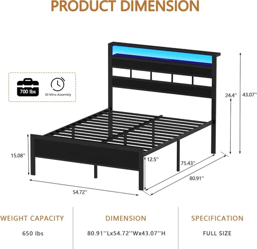 Miniatura 8 de Furnulem Base de cama de tamaño matrimonial con luz LED y estación de carga, cabecera de almacenamiento de madera con estantes de 2 niveles, cama
